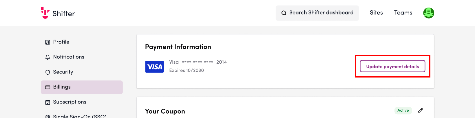 Screenshot: Click “Update Payment Method”