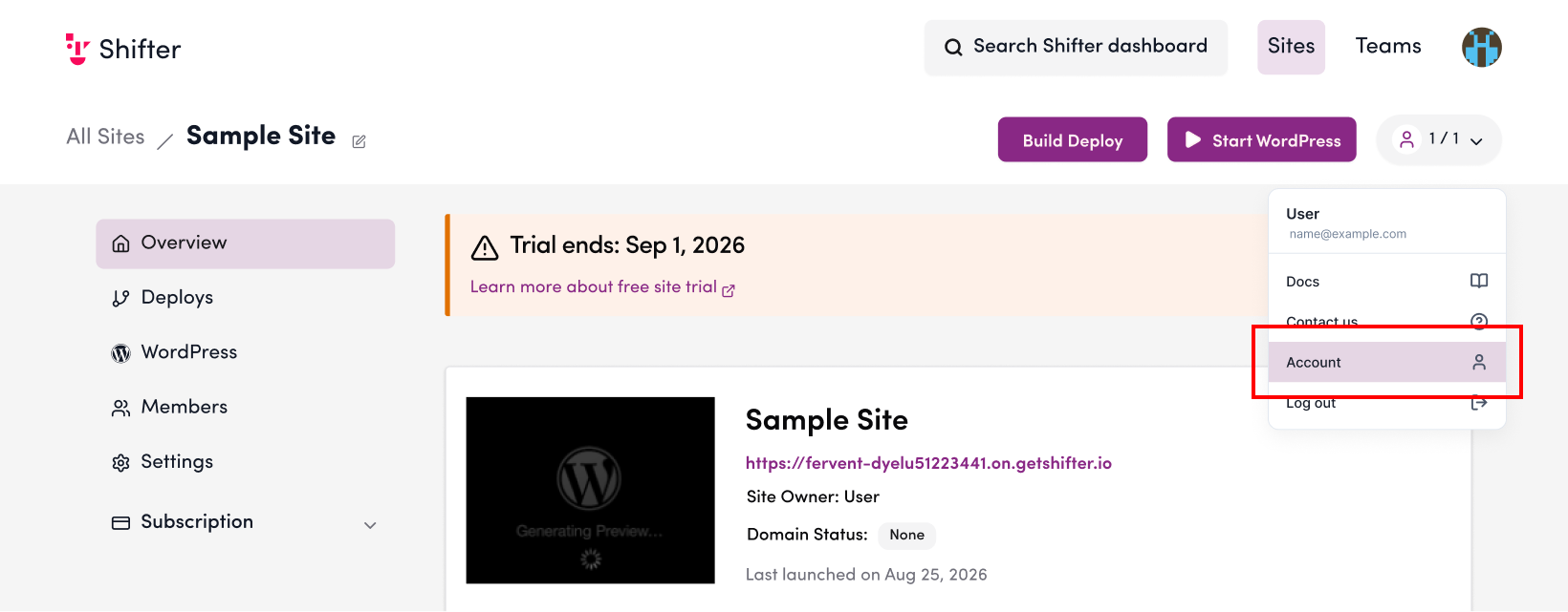 Screenshot: Select “Account.”