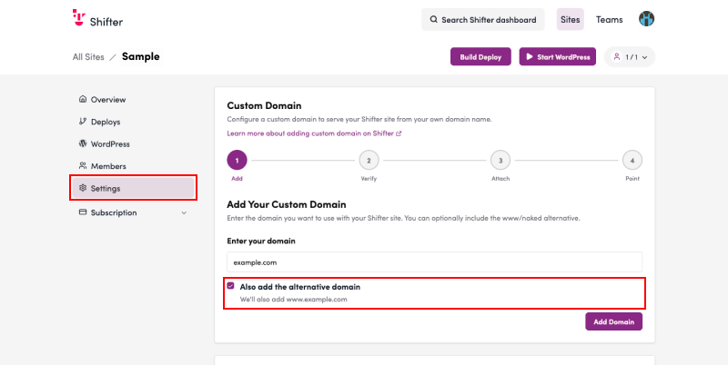 Screenshot: If you also want to register the “www” subdomain, check the box next to “Add the ‘www’ subdomain as well”