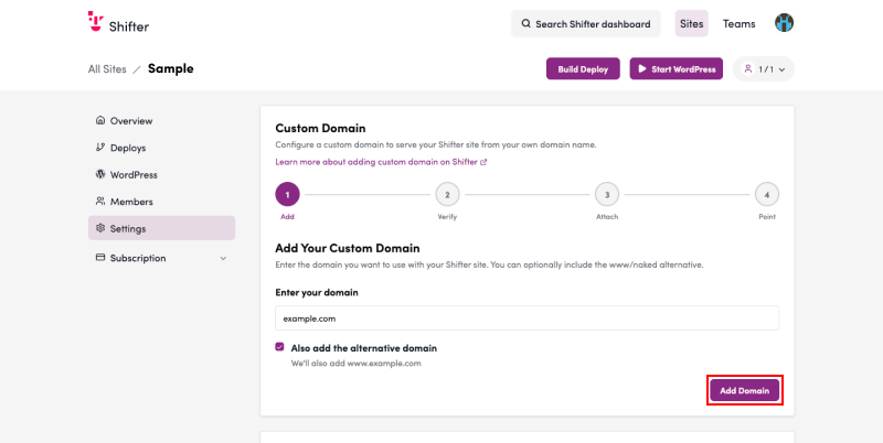 Screenshot: Click “Register Domain”