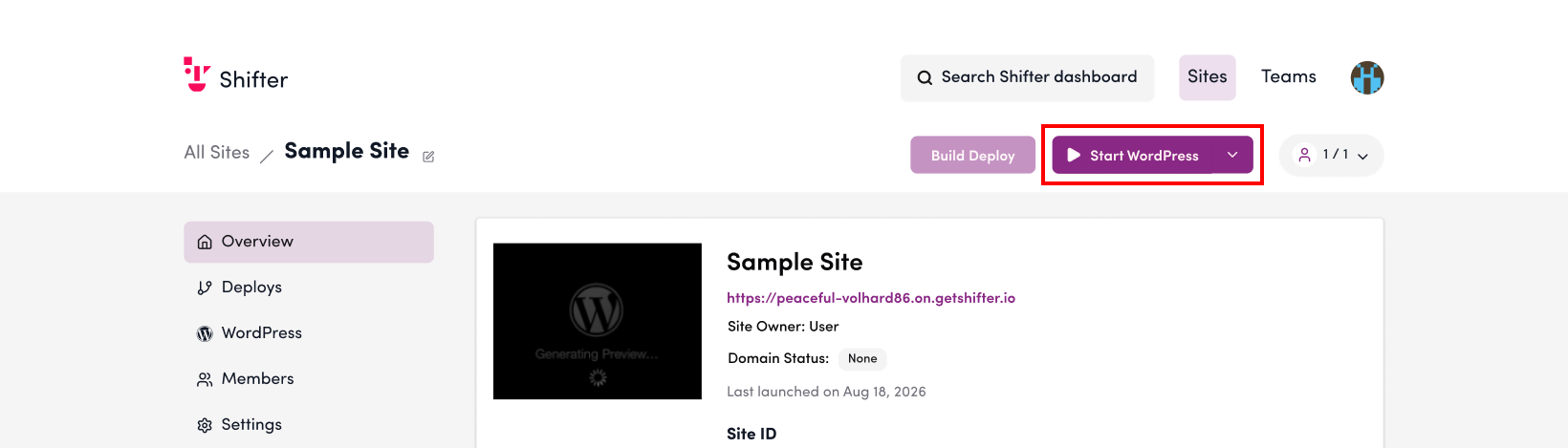 Screenshot: Open the Shifter dashboard for the site where you want to set up Basic Authentication