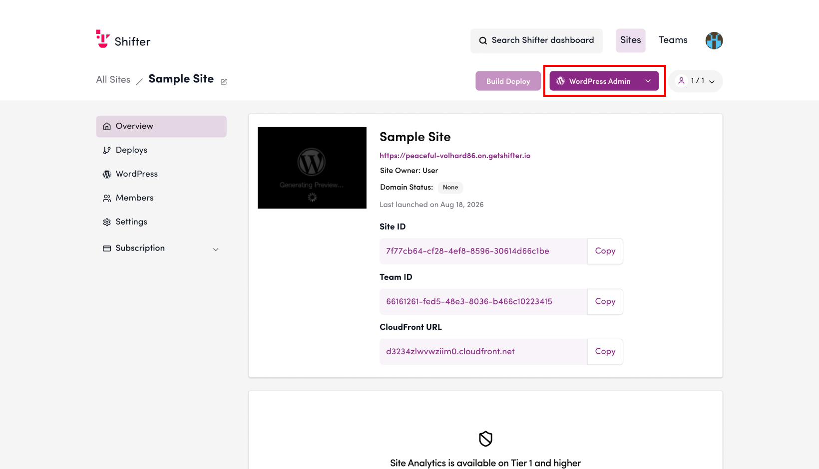 Screenshot: Click “WordPress Dashboard”
