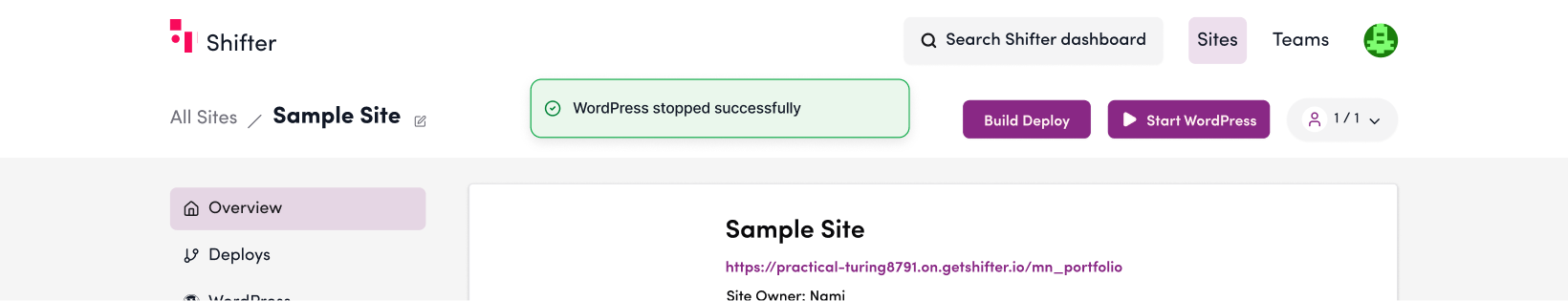 Screenshot: “WordPress has been successfully stopped”