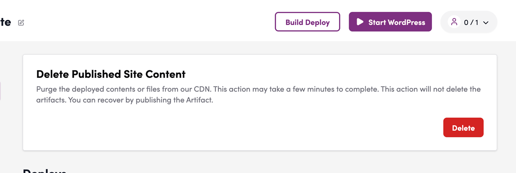 Screenshot: Click the “Delete” button in the “Delete Published Sites” section.