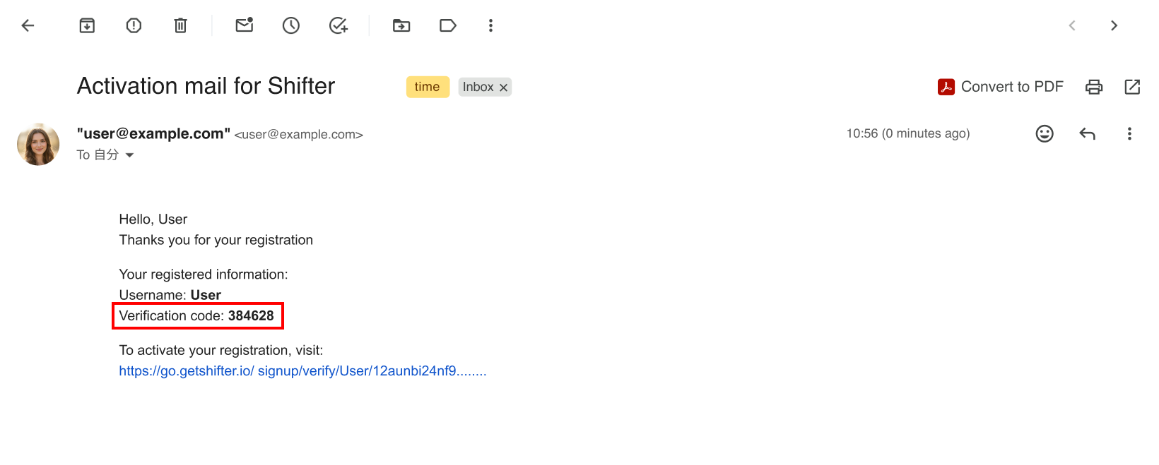 Screenshot: Verification Email from Shifter