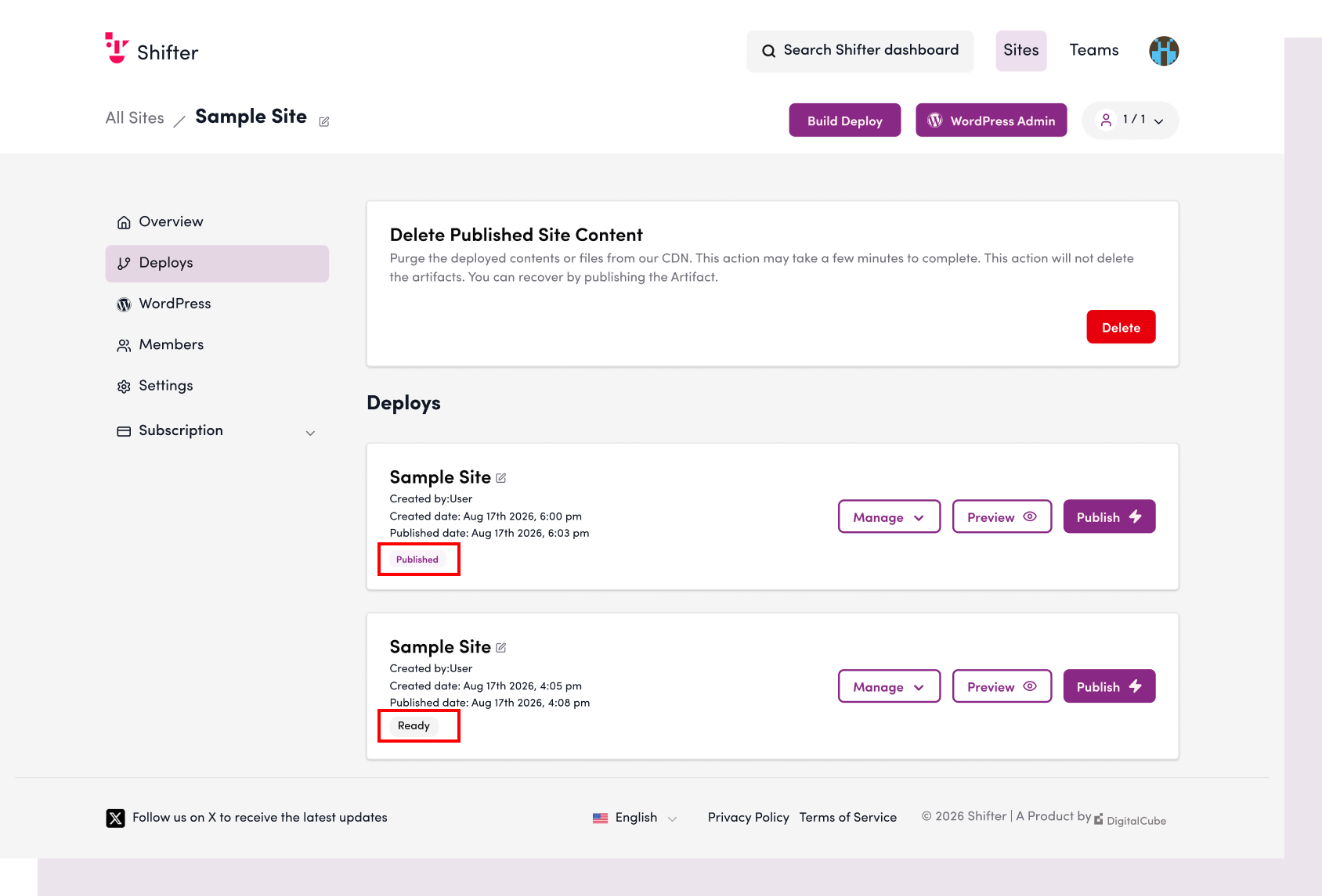 Screenshot: Verify that the status of the latest deployment remains “Pending”... and has not been published