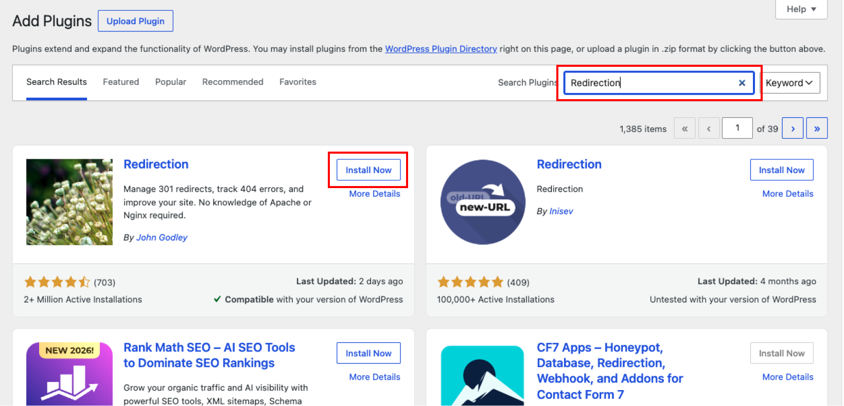 Screenshot: When configuring redirects in Shifter, first install the Redirection plugin from the “Plugins” menu in the WordPress dashboard.