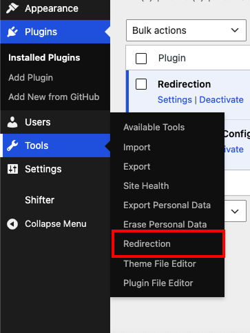Screenshot: To add a new redirect rule, click the “Redirection” menu under the “Tools” menu.