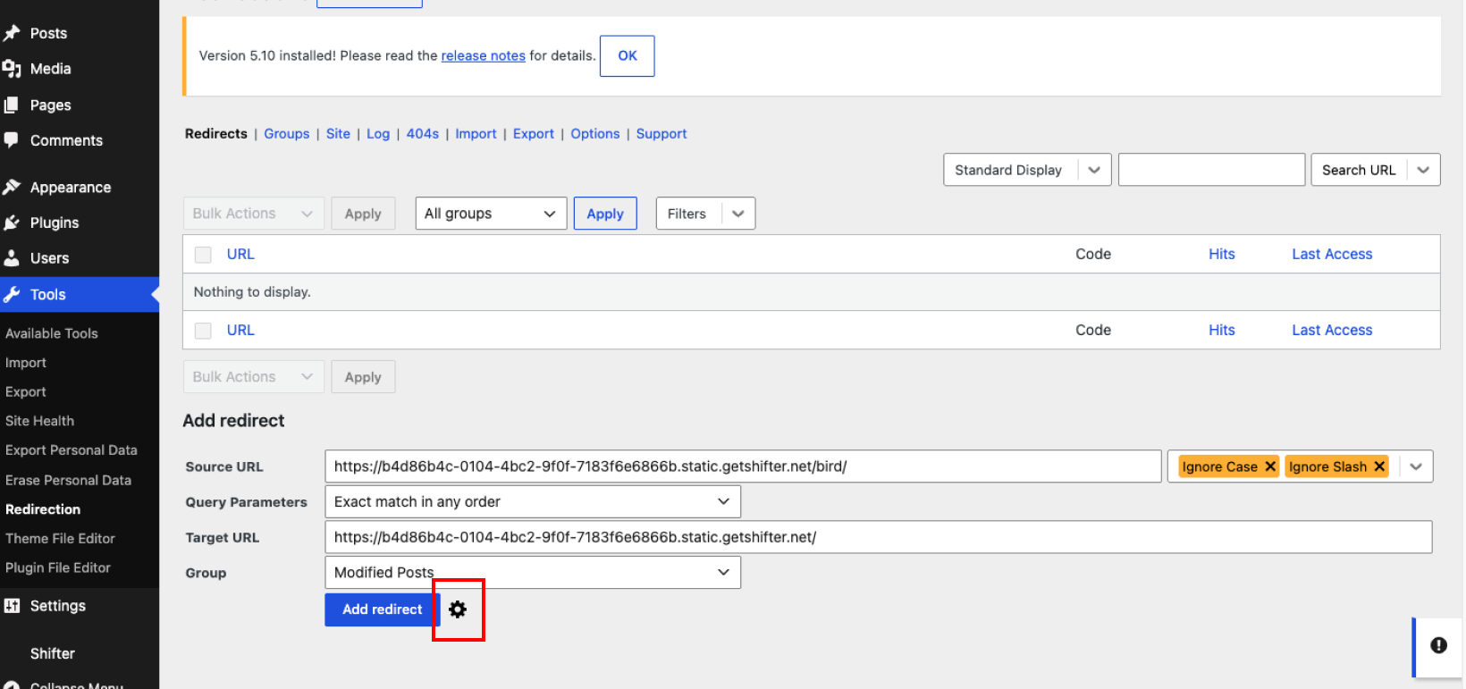 Screenshot: In the “Add New Redirect Rule” section, enter the URL to be redirected in the “Source URL” field and the destination URL in the “Target…
