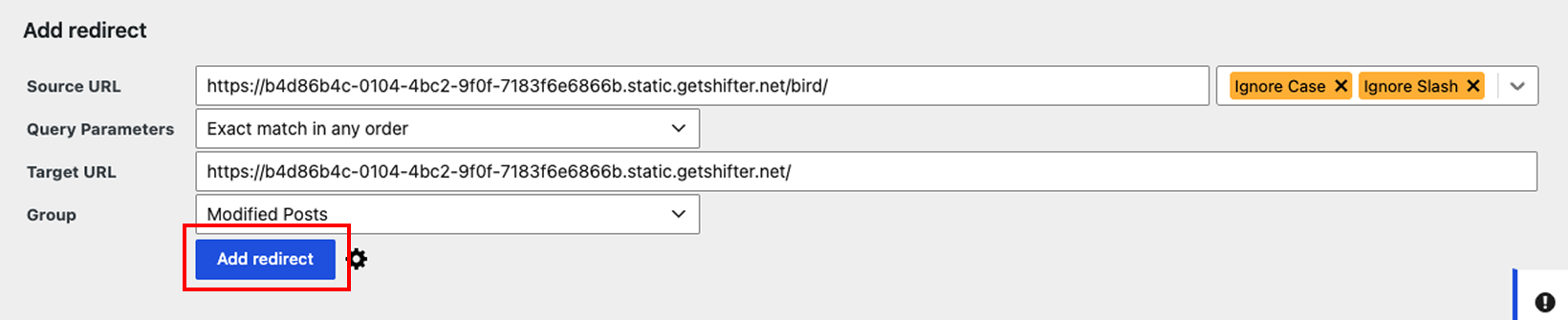 Screenshot: Click the “Add Redirect Rule” button.