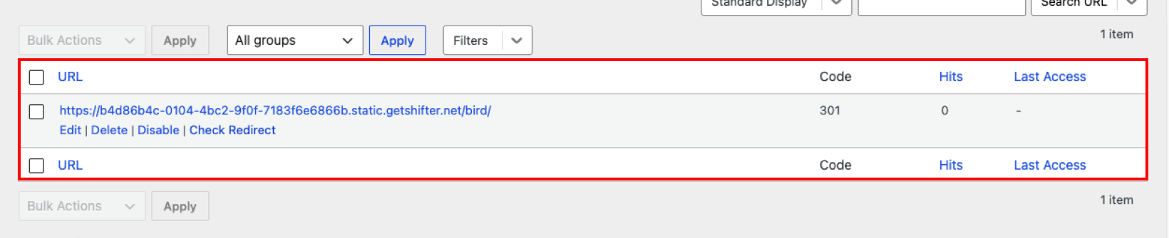 Screenshot: The added redirect rule will be displayed at the top of the screen.