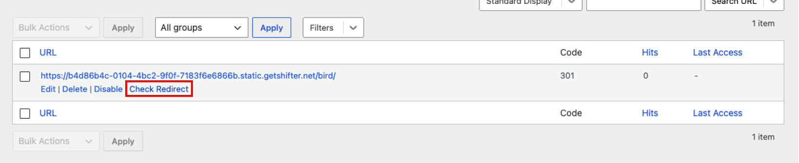 Screenshot: Click the “Test Redirect” button to verify the results of the redirect you configured.