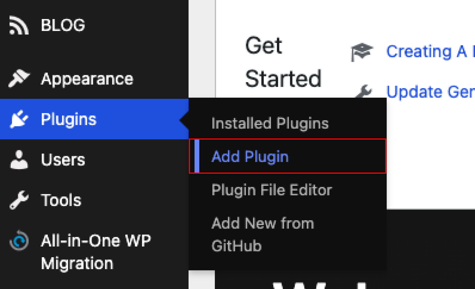 Screenshot: Click [Plugins] → “Add New.”