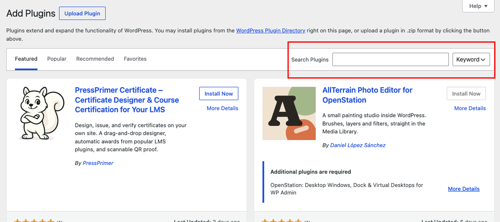Screenshot: Enter “WP Sitemaps Config” in the “Search for plugins” field.