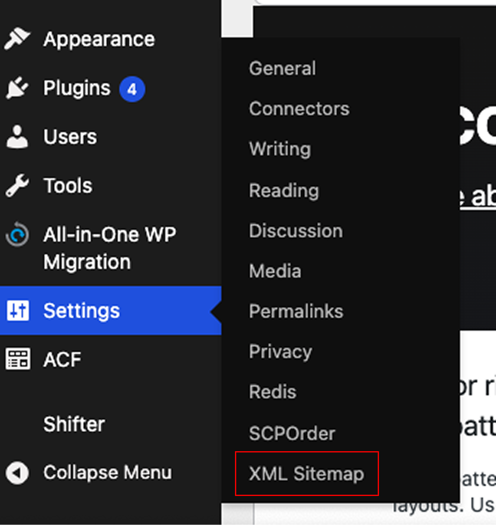 Screenshot: Click [Settings] → [XML Sitemap]
