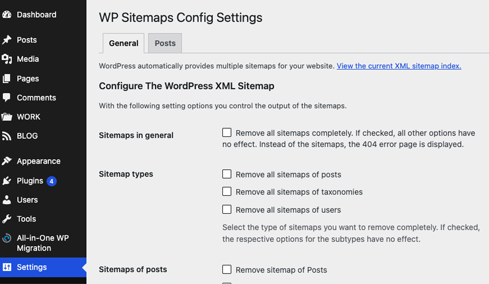 Screenshot: Click “WP Sitemaps Config Settings”