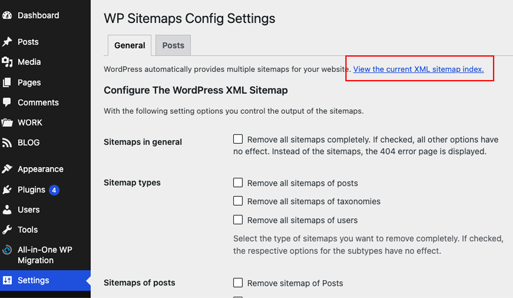Screenshot: Click “View the current XML sitemap index” to check the current XML sitemap