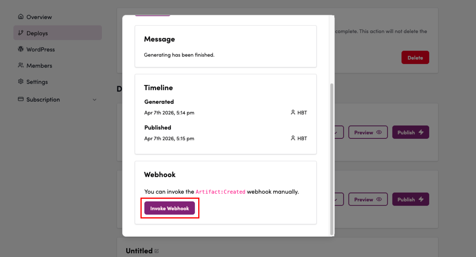 Screenshot: Click “Execute Webhook”