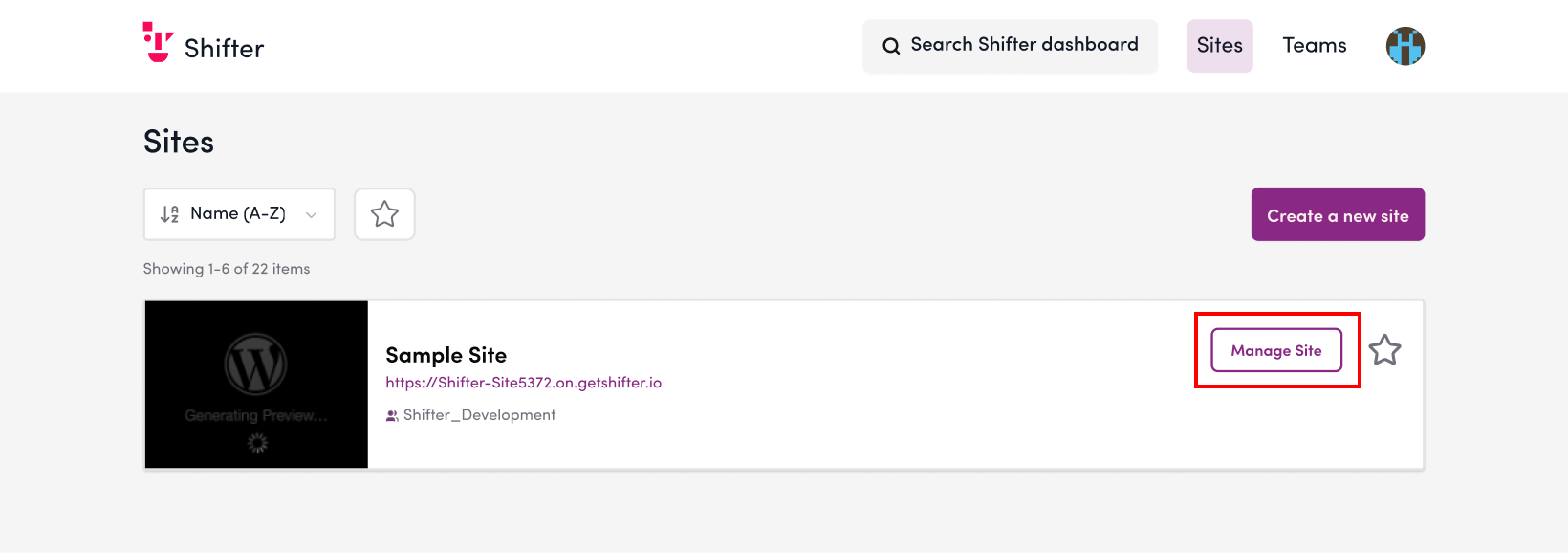Screenshot: From the site list, click “Open Admin Panel” for the site where you want to enable automatic deployment.