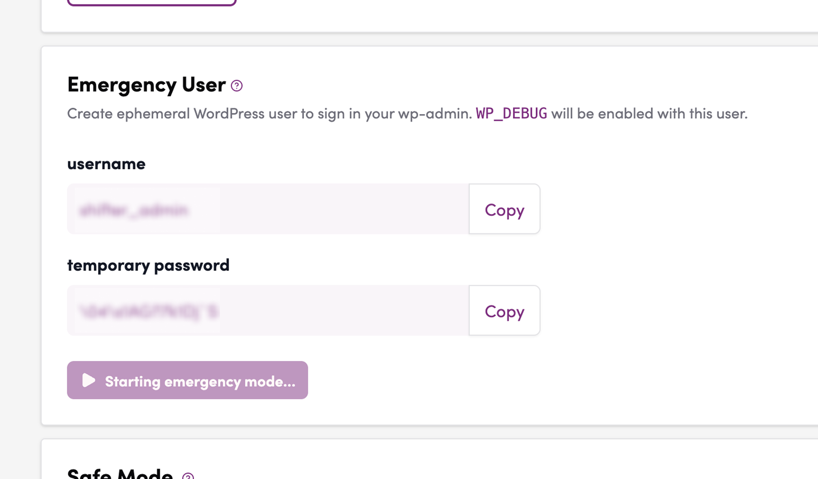 Screenshot: Copy the emergency user information and temporary password that are issued