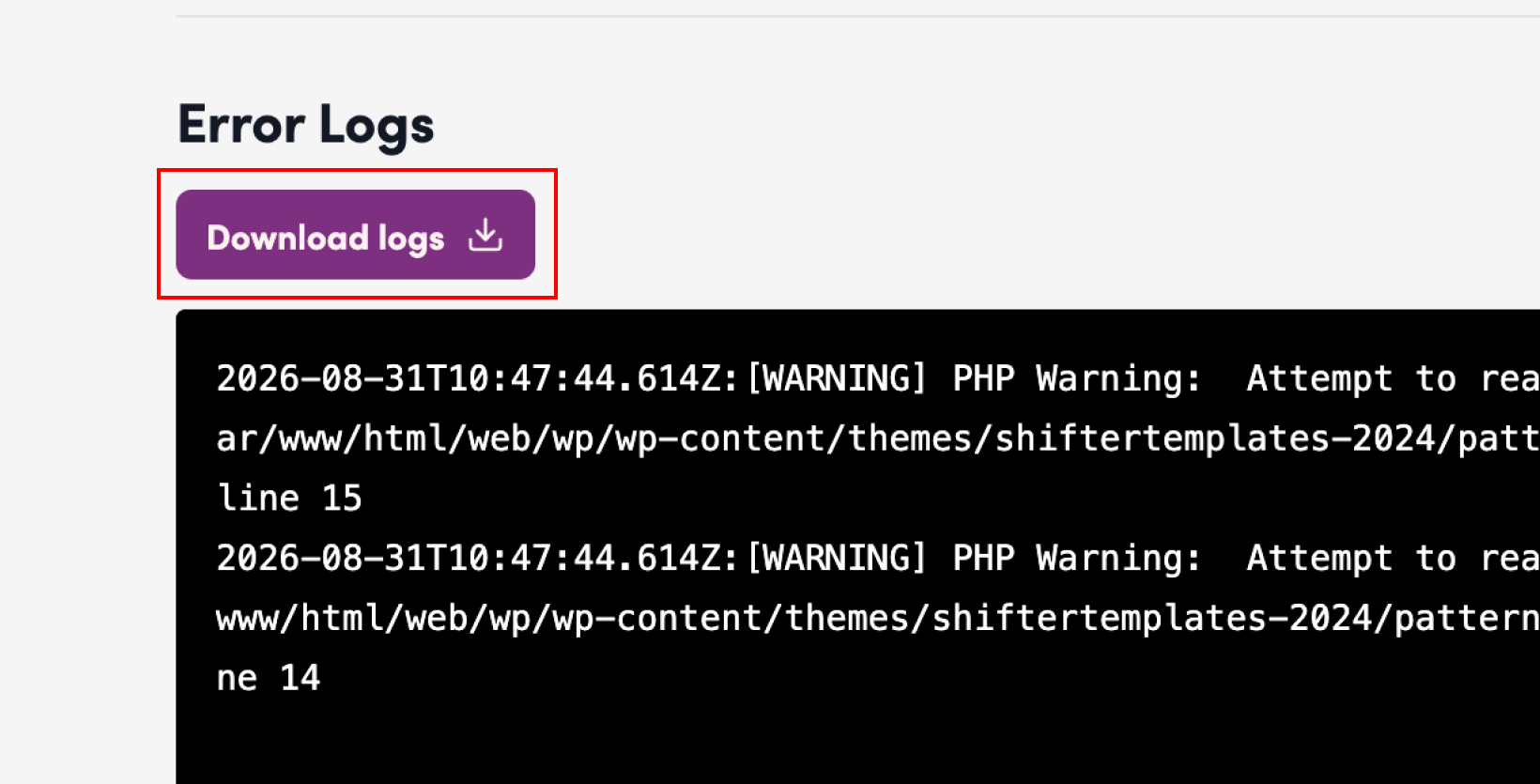 Screenshot: Click “Download Logs.”
