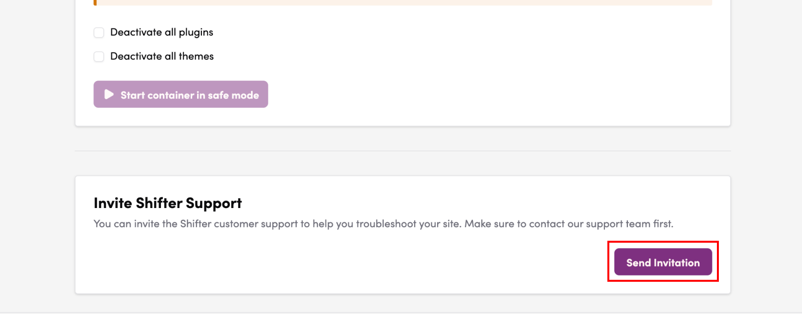 Screenshot: In the “Invite Shifter Support” section, click “Send Invitation”