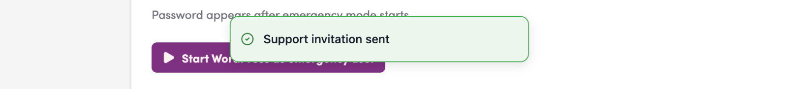 Screenshot: Verify that the message “Support invitation sent” appears