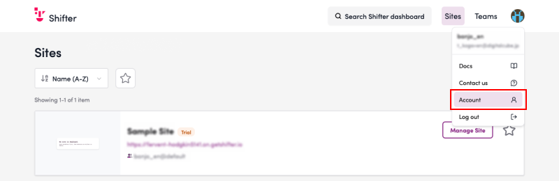 Screenshot: Click the account icon in the upper-right corner of the page and select “Account.”