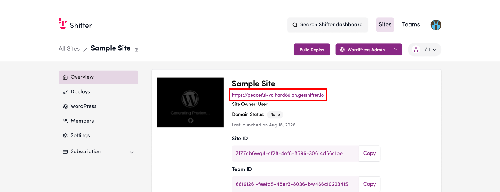 Screenshot: Copy the URL of your static site in Shifter. You can find it on the live page.