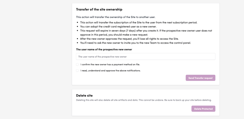 Screenshot: Site Transfer and Deletion
