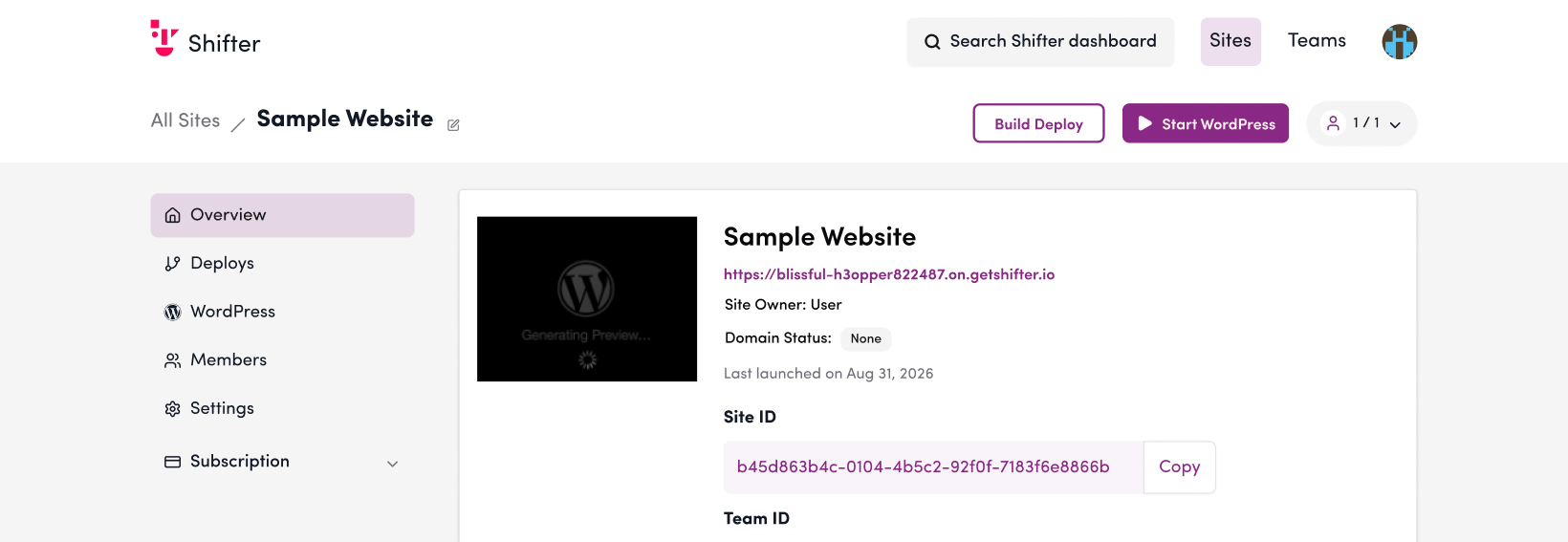 Site Overview page in the Shifter dashboard