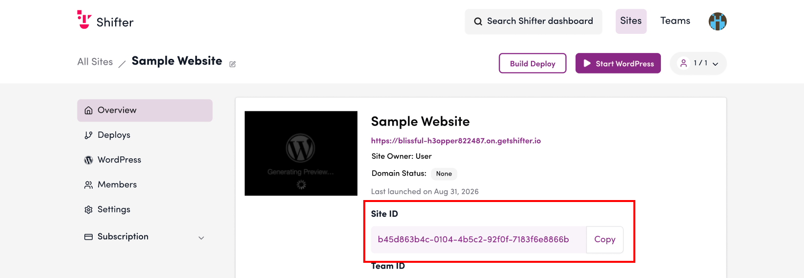 Site ID shown on the site Overview page in the Shifter dashboard