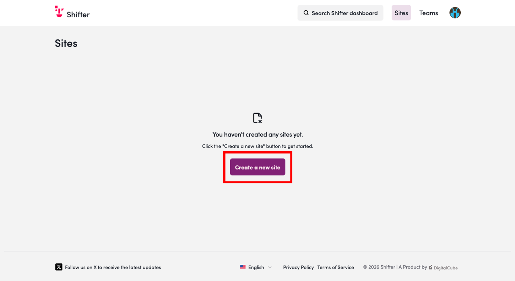 Screenshot: Log in to the Shifter dashboard and click the “Create New Site” button under the “Sites” menu.
