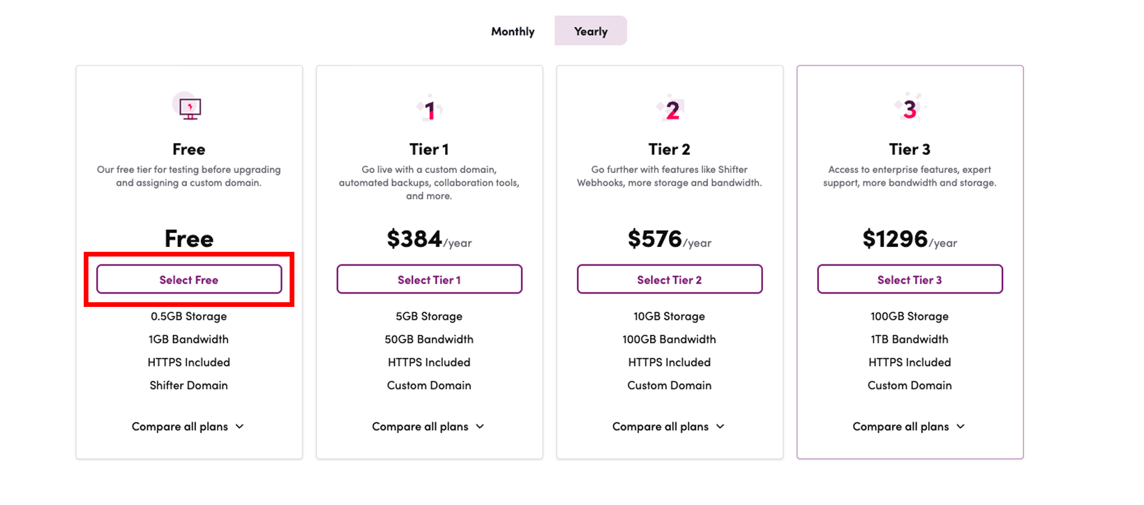 Screenshot: For the free trial, select the “Free Tier” plan.