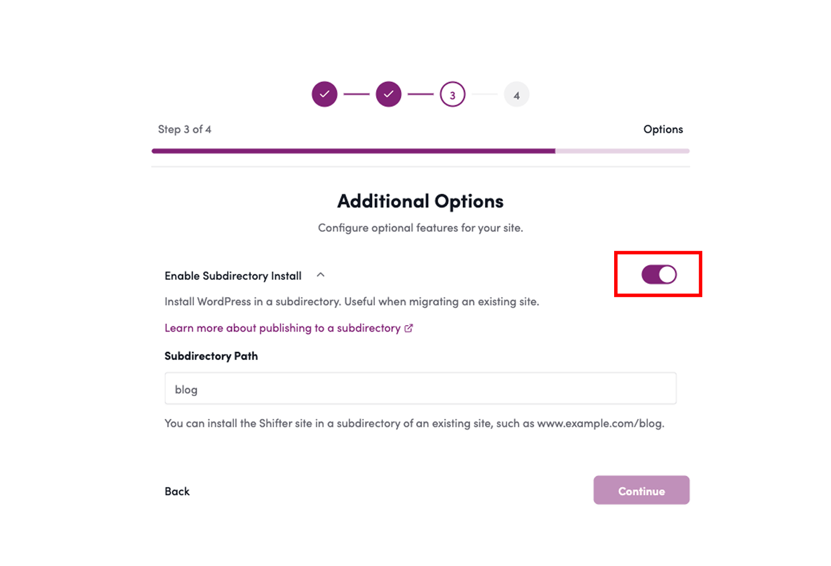 Screenshot: If you want to install WordPress in a subdirectory, enter the details on the additional options screen. If this is not necessary, simply…