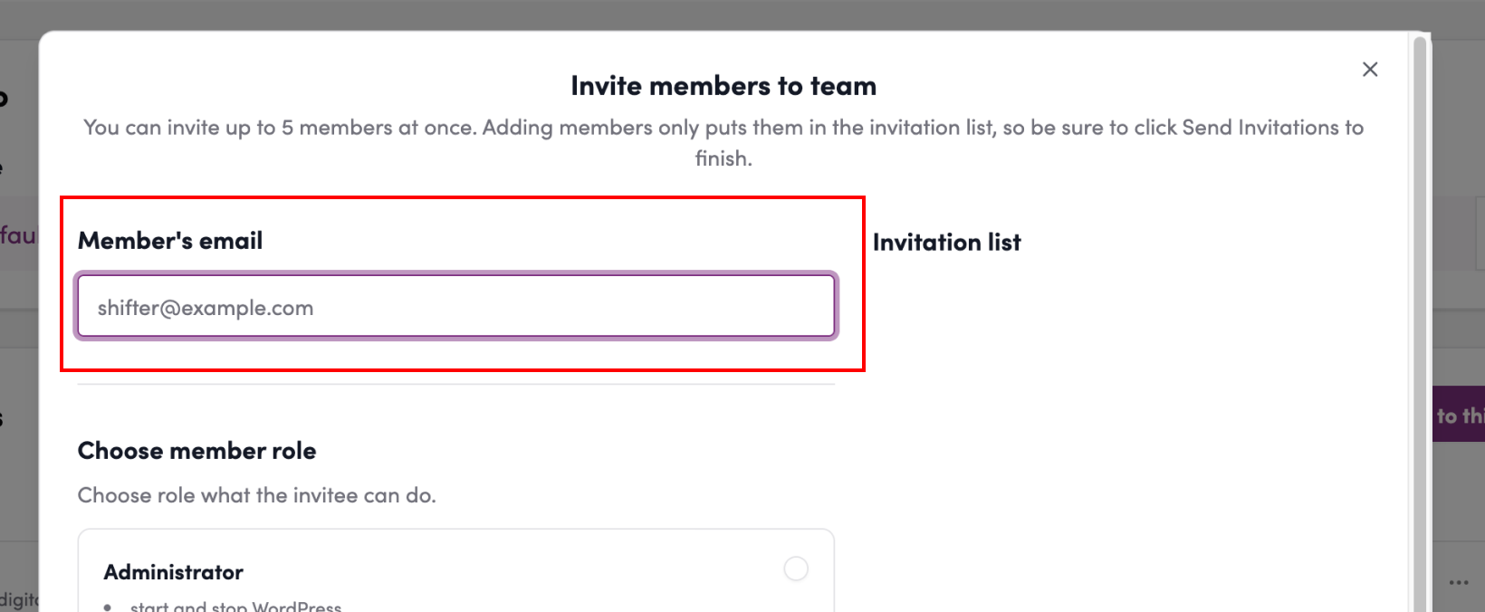 Screenshot: Enter the member’s email address.
